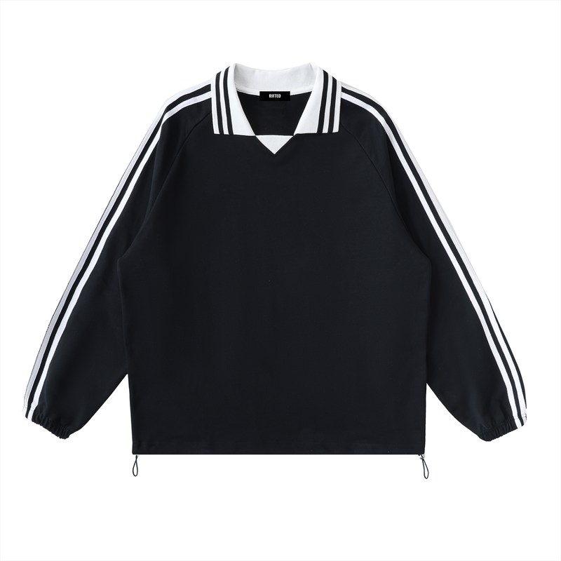 Rifted Contrast Striped Lapel Collar Sweatshirt