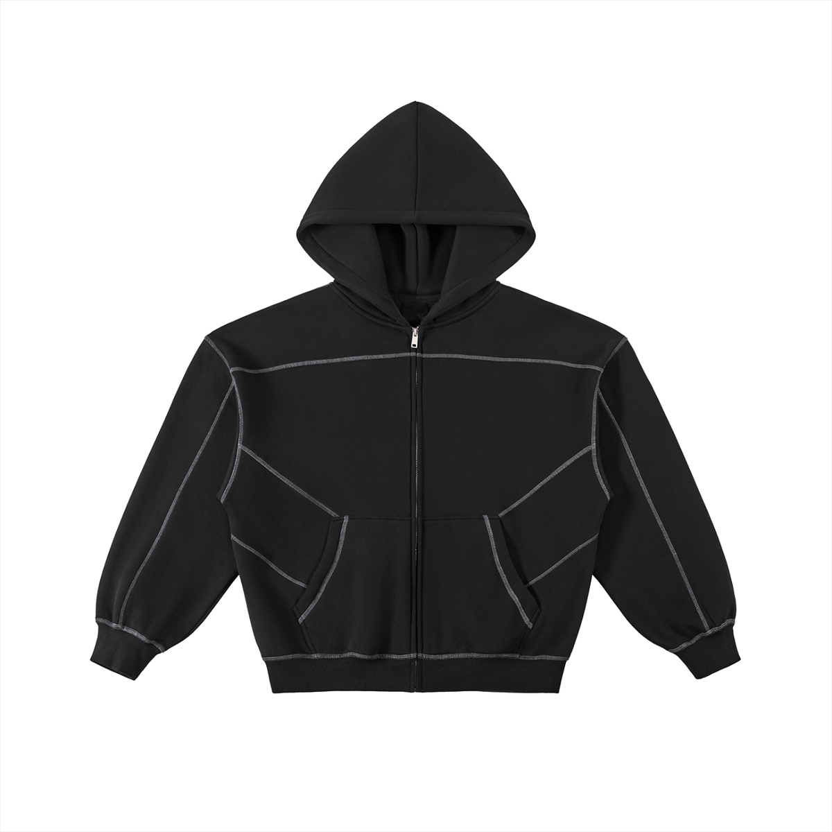 Rifted Contrast-Stitched Boxy Fleece Zip Hoodie