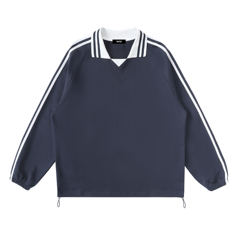 Rifted Contrast Striped Lapel Collar Sweatshirt