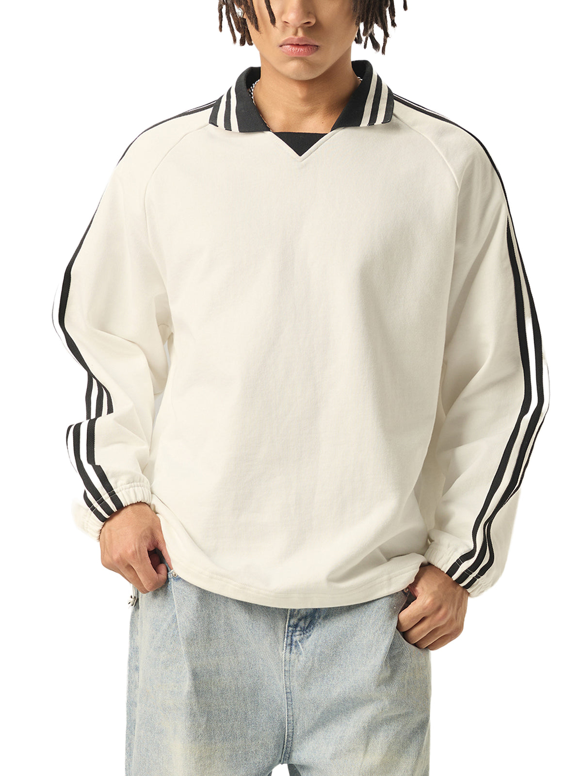 Rifted Contrast Striped Lapel Collar Sweatshirt