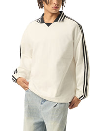 Rifted Contrast Striped Lapel Collar Sweatshirt