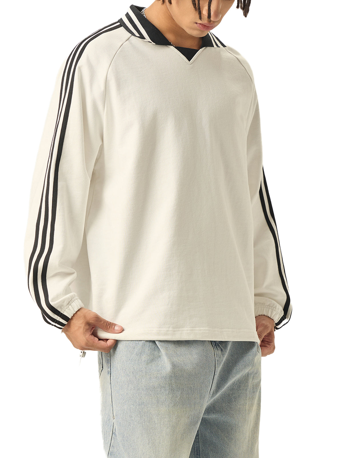 Rifted Contrast Striped Lapel Collar Sweatshirt