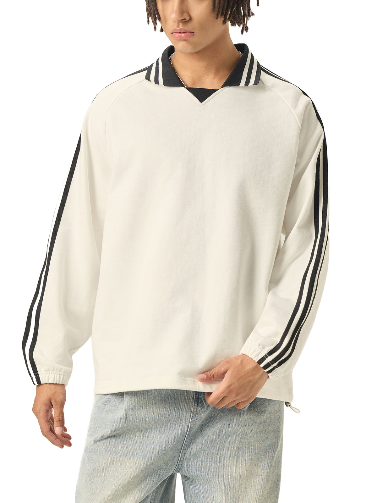 Rifted Contrast Striped Lapel Collar Sweatshirt