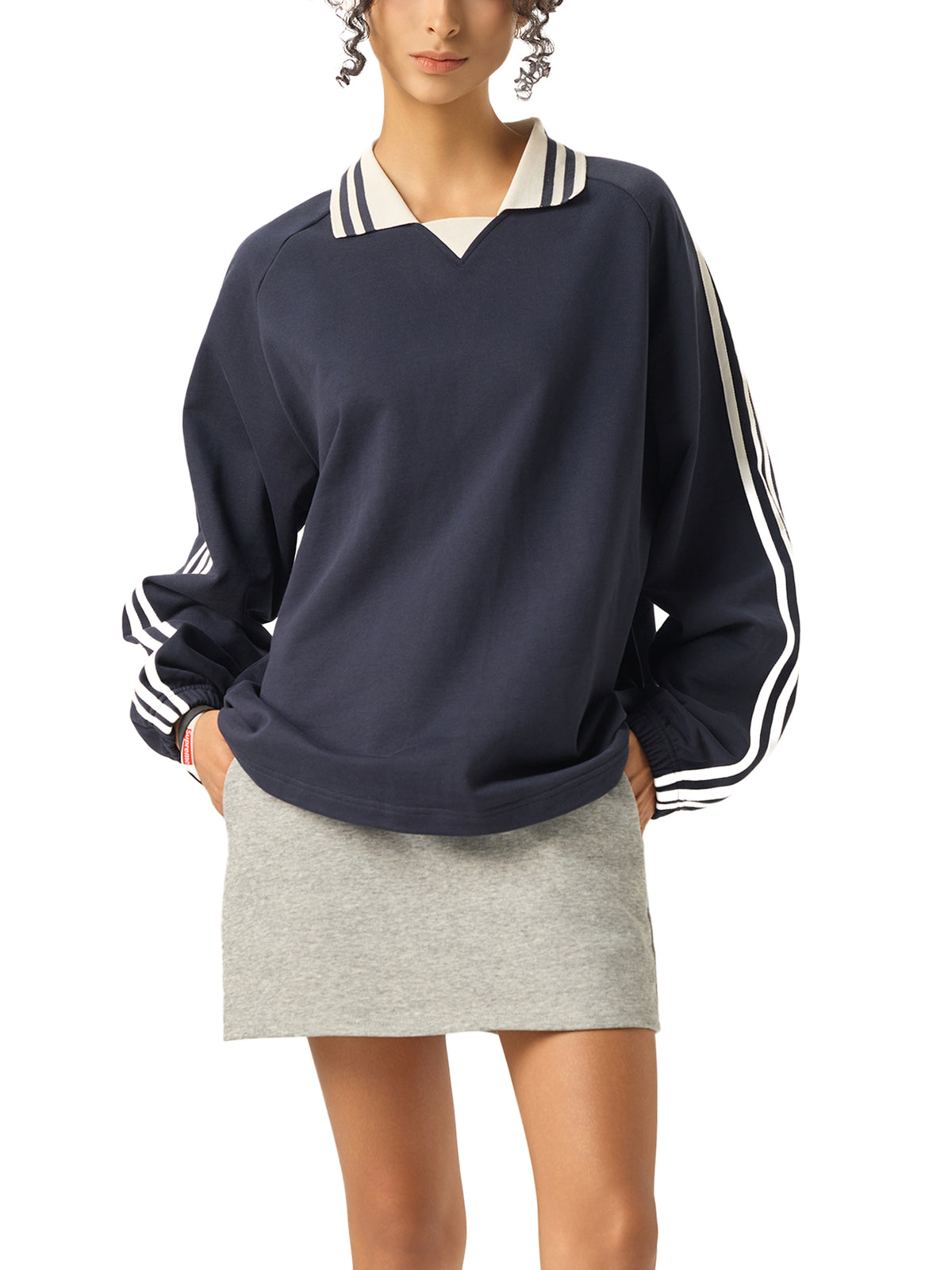 Rifted Contrast Striped Lapel Collar Sweatshirt