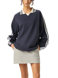 Rifted Contrast Striped Lapel Collar Sweatshirt