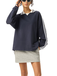 Rifted Contrast Striped Lapel Collar Sweatshirt