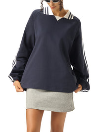 Rifted Contrast Striped Lapel Collar Sweatshirt