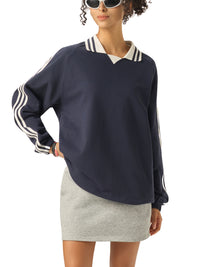 Rifted Contrast Striped Lapel Collar Sweatshirt