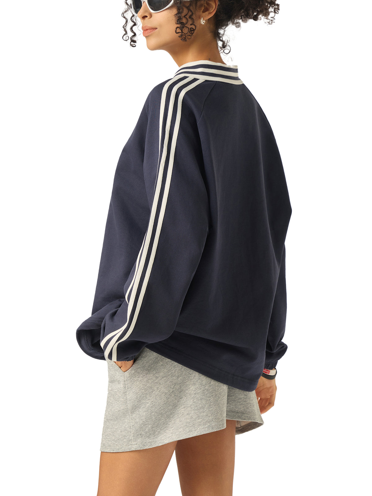 Rifted Contrast Striped Lapel Collar Sweatshirt