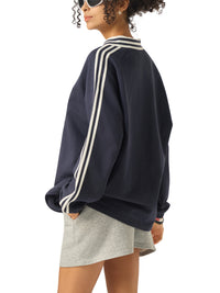 Rifted Contrast Striped Lapel Collar Sweatshirt