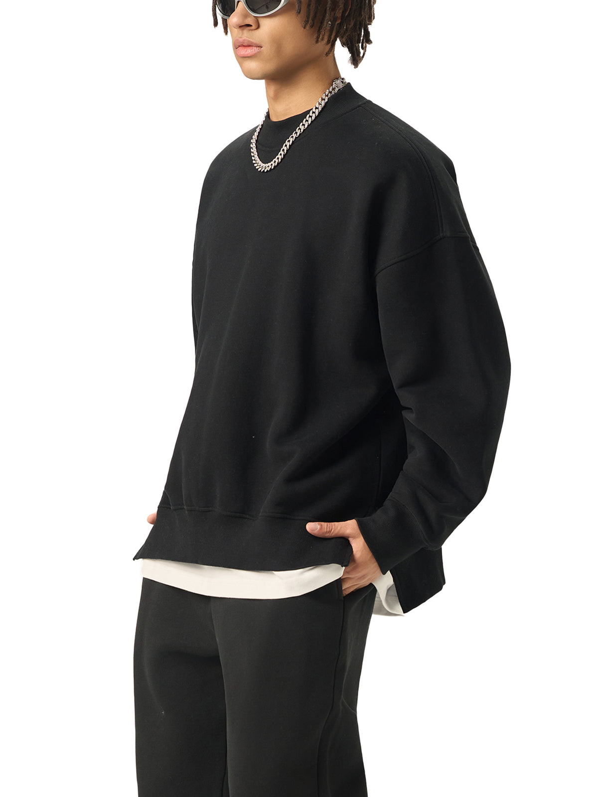 Rifted Fleece Side Slit Crewneck Sweatshirt