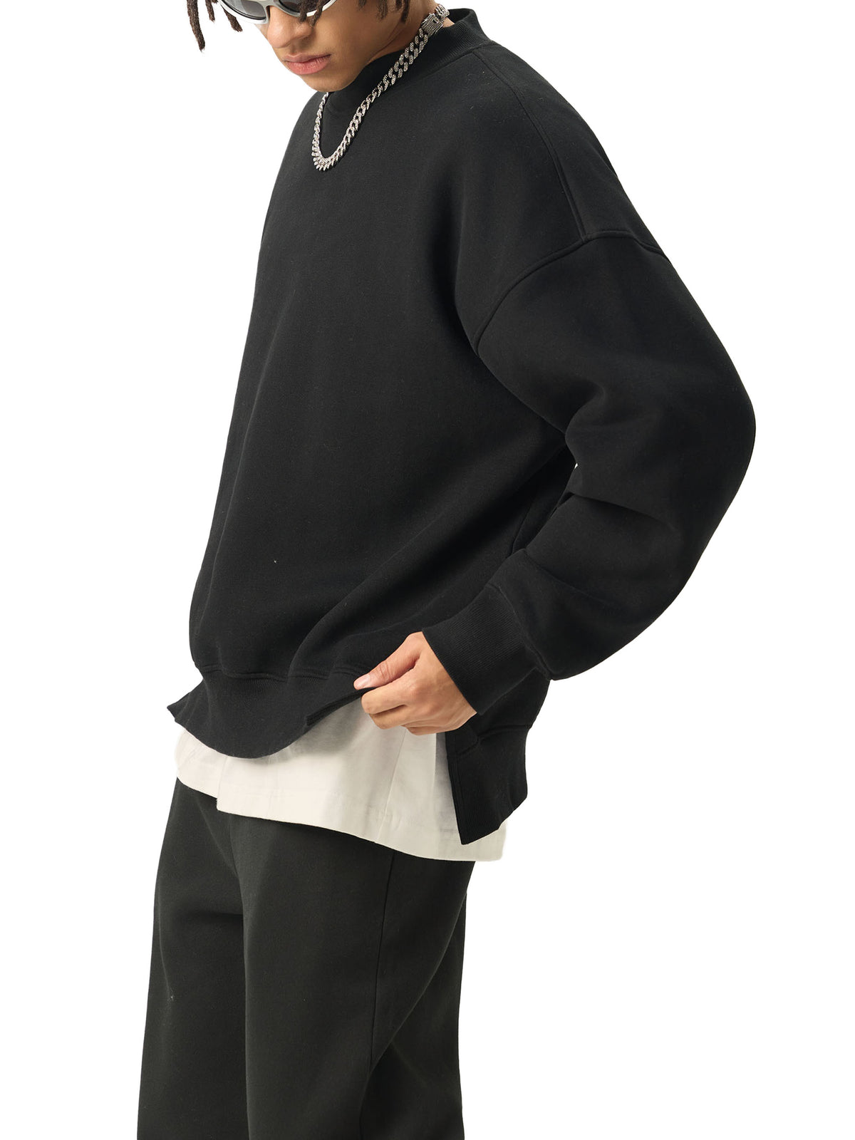 Rifted Fleece Side Slit Crewneck Sweatshirt