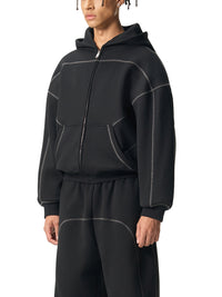Rifted Contrast-Stitched Boxy Fleece Zip Hoodie