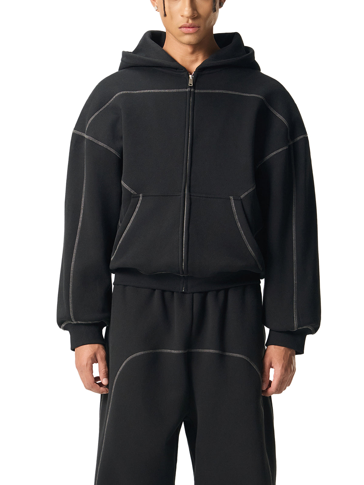 Rifted Contrast-Stitched Boxy Fleece Zip Hoodie