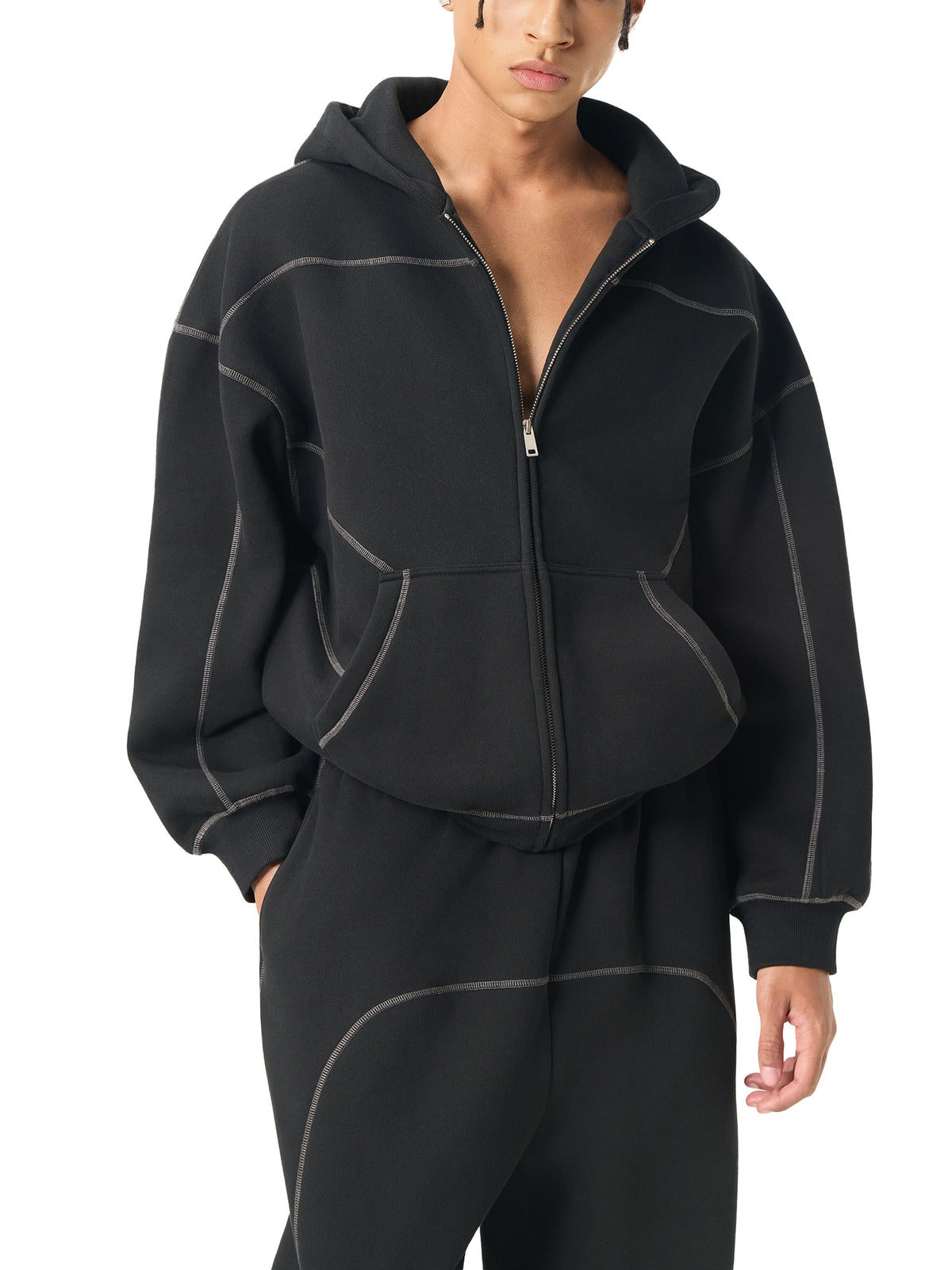 Rifted Contrast-Stitched Boxy Fleece Zip Hoodie