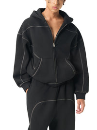 Rifted Contrast-Stitched Boxy Fleece Zip Hoodie