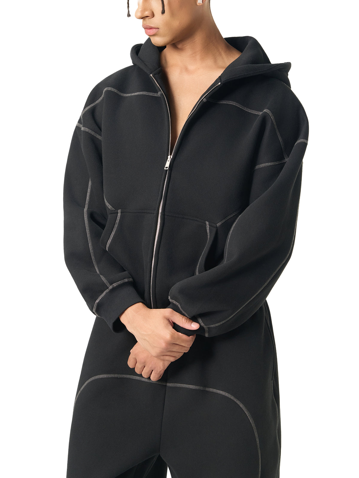 Rifted Contrast-Stitched Boxy Fleece Zip Hoodie