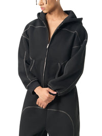 Rifted Contrast-Stitched Boxy Fleece Zip Hoodie