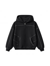 Rifted Contrast-Stitched Boxy Fleece Zip Hoodie