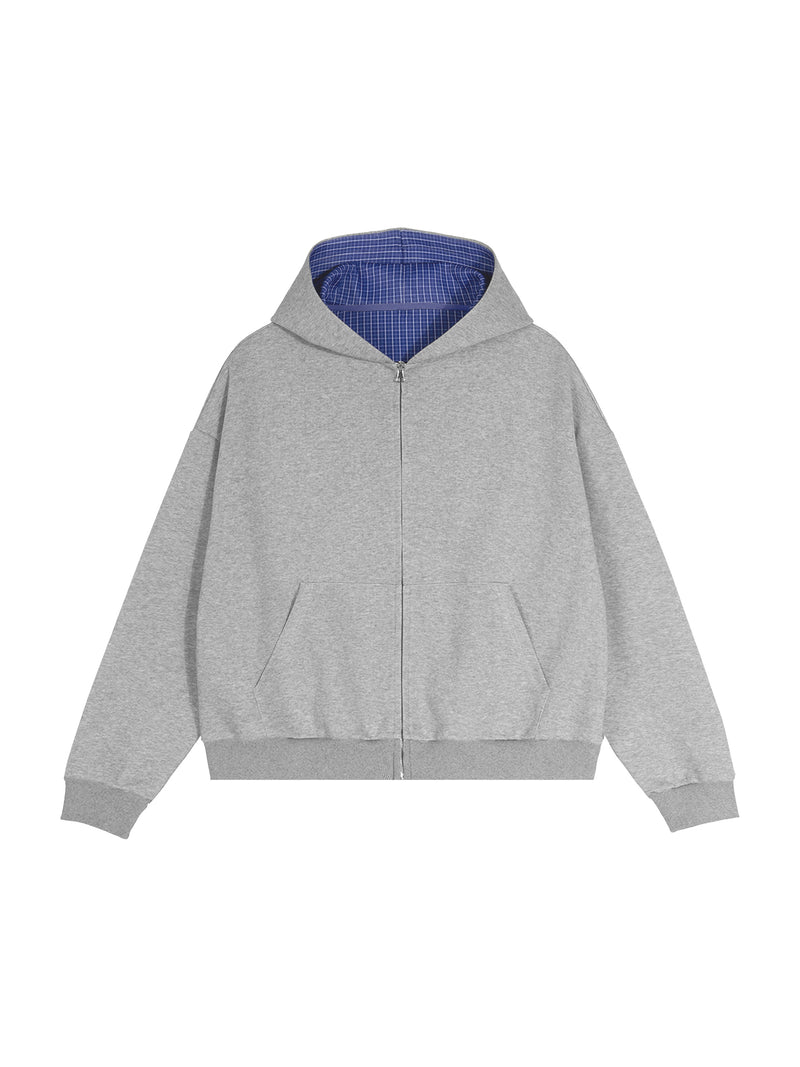 Rifted Contrast Plaid Boxy Zip Hoodie
