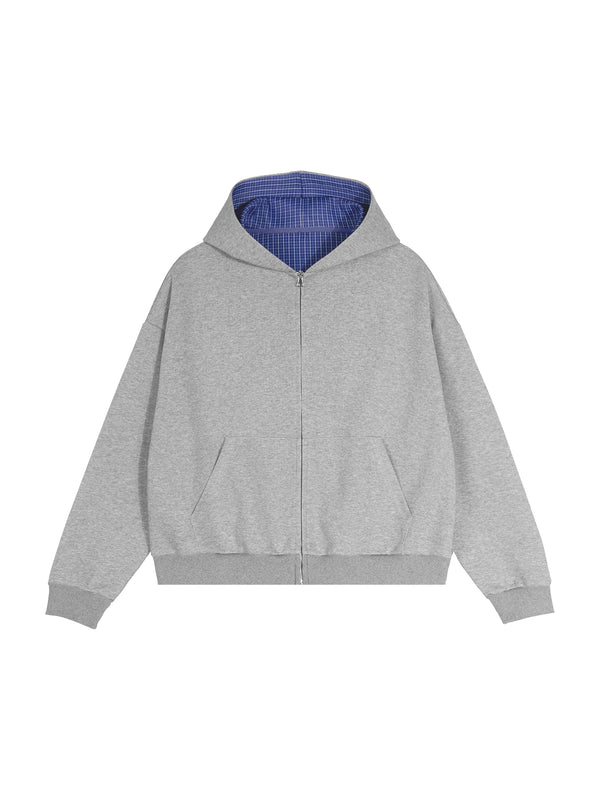Rifted Contrast Plaid Boxy Zip Hoodie