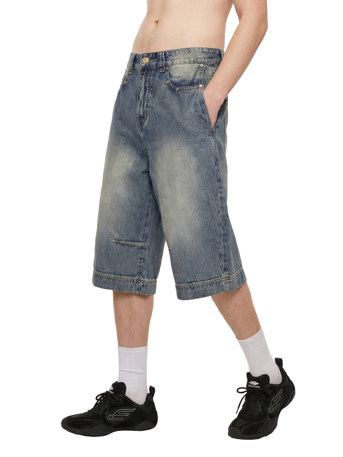 Rifted Vintage Wash Baggy Denim Shorts